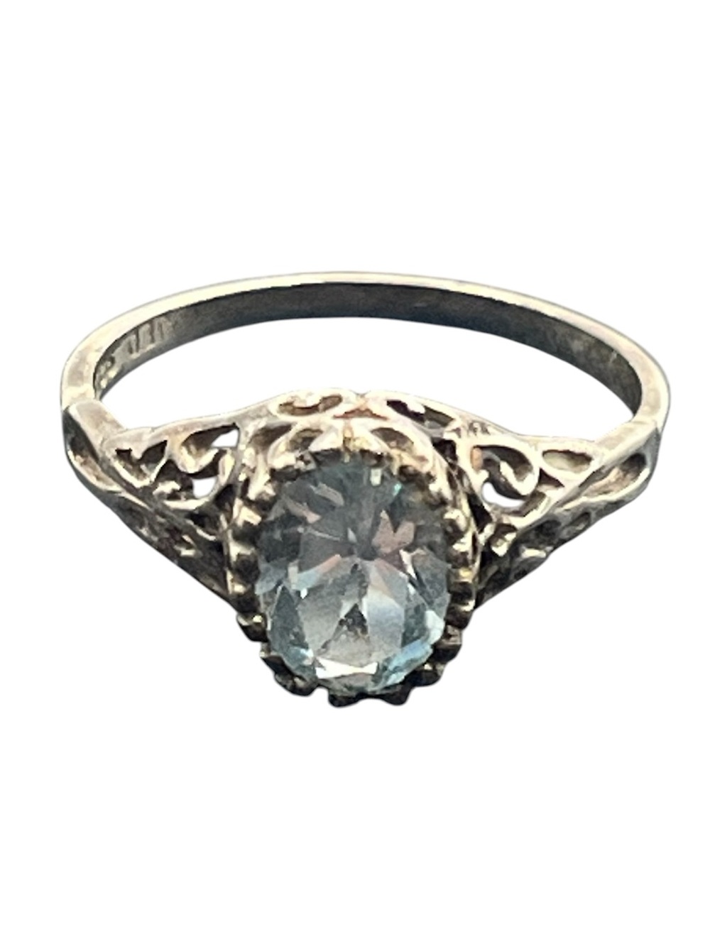Sterling silver filigree pale blue stone vintage JED ring size 8